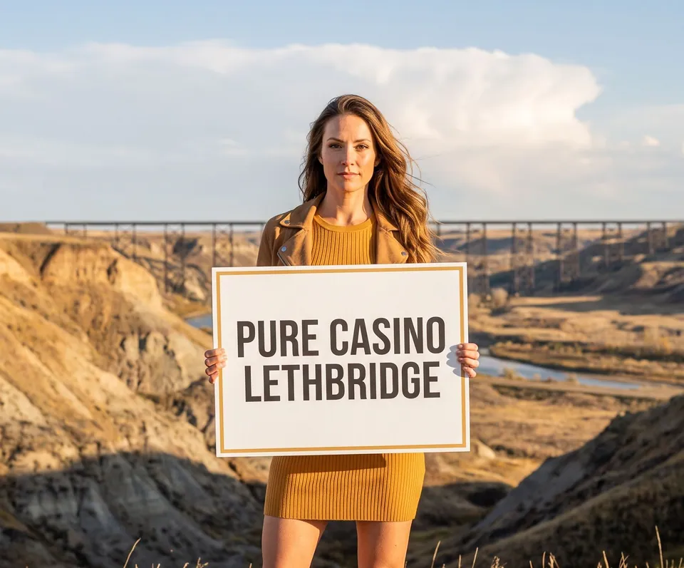 Woman on a coulee rim with a PURE Casino Lethbridge board