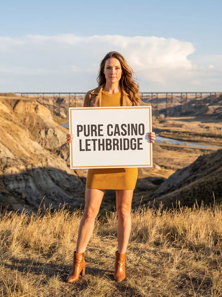 Woman on a coulee rim holding a PURE Casino Lethbridge board