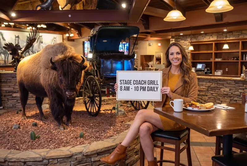 Guest at breakfast with a Stage Coach Grill hours card